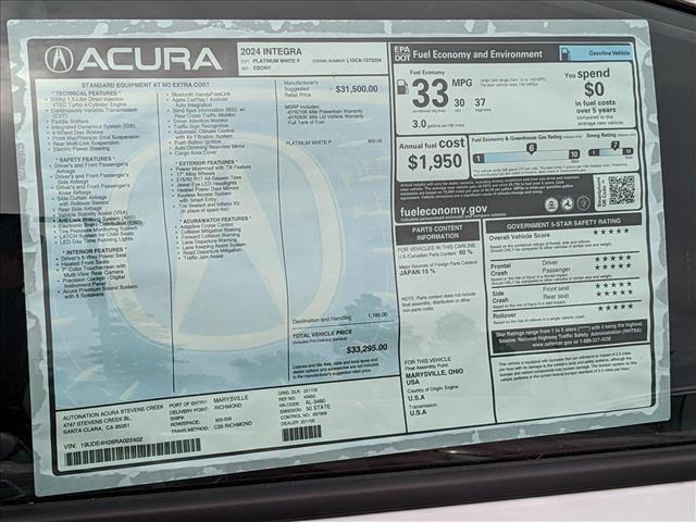 new 2024 Acura Integra car, priced at $32,507