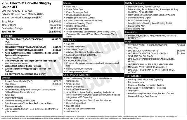 new 2026 Chevrolet Corvette car, priced at $90,056