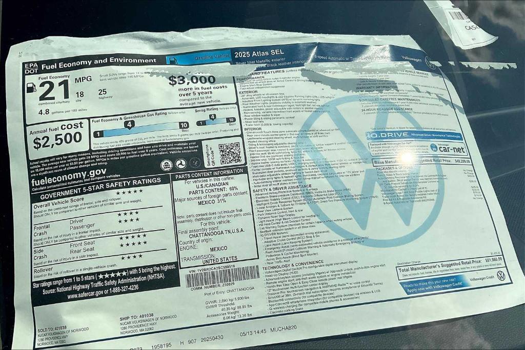 new 2025 Volkswagen Atlas car, priced at $45,738