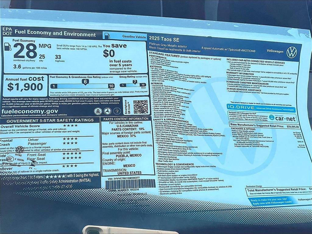 new 2025 Volkswagen Taos car, priced at $31,798