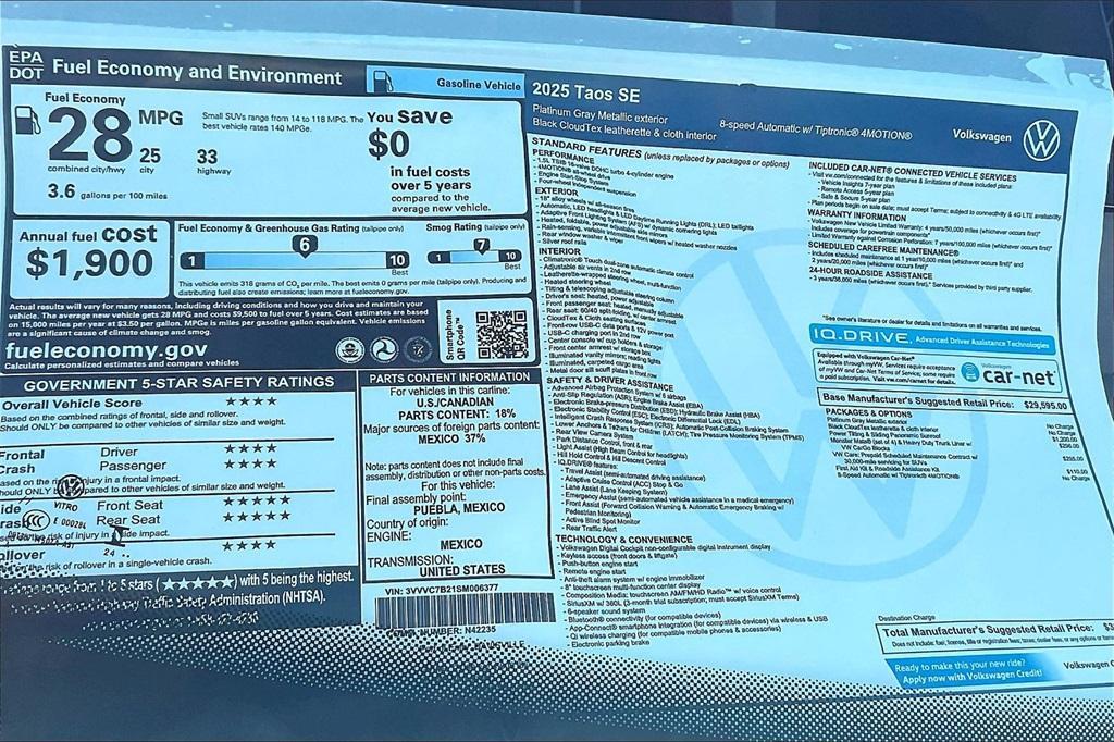 new 2025 Volkswagen Taos car, priced at $32,421