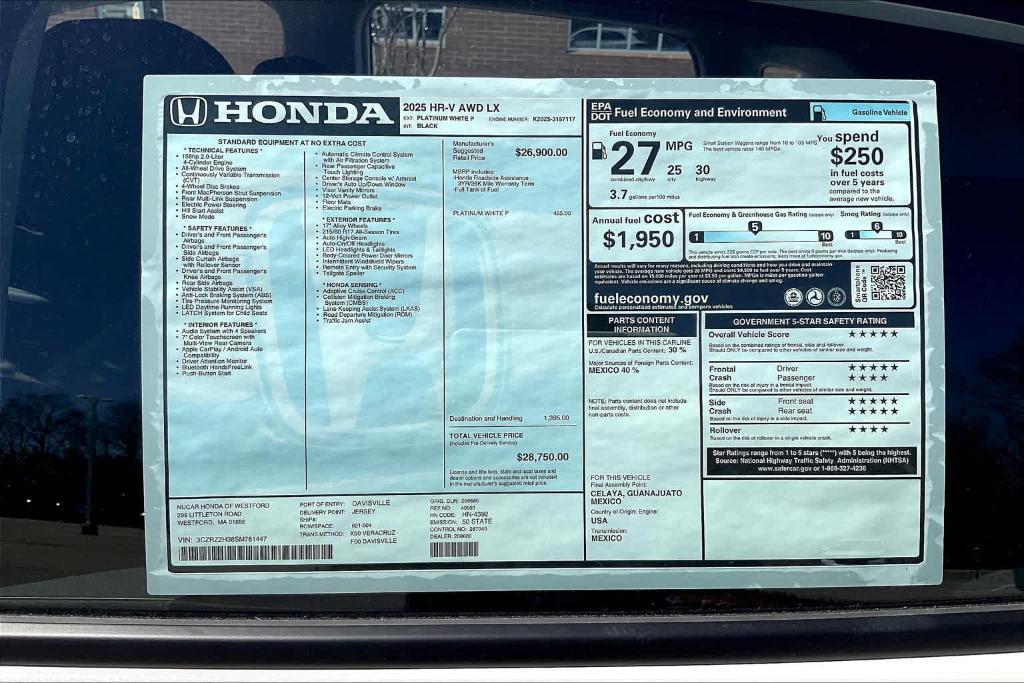new 2025 Honda HR-V car, priced at $28,750