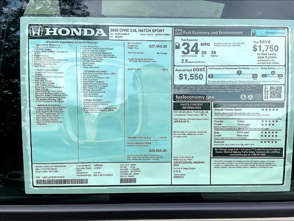 new 2025 Honda Civic car, priced at $29,055