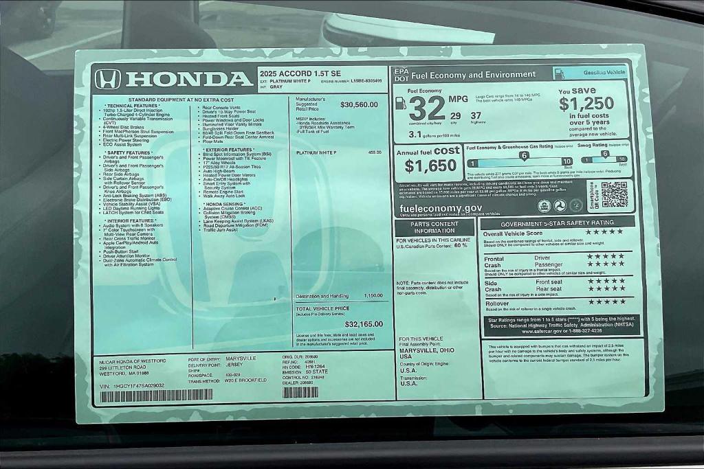new 2025 Honda Accord car, priced at $32,165