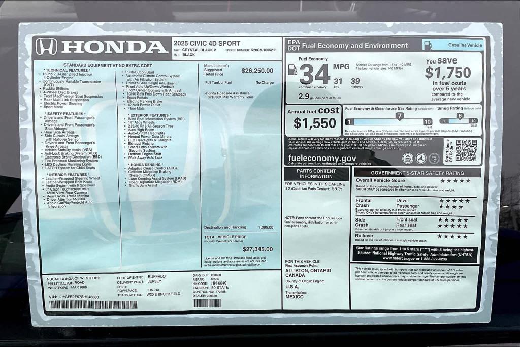 new 2025 Honda Civic car, priced at $27,345