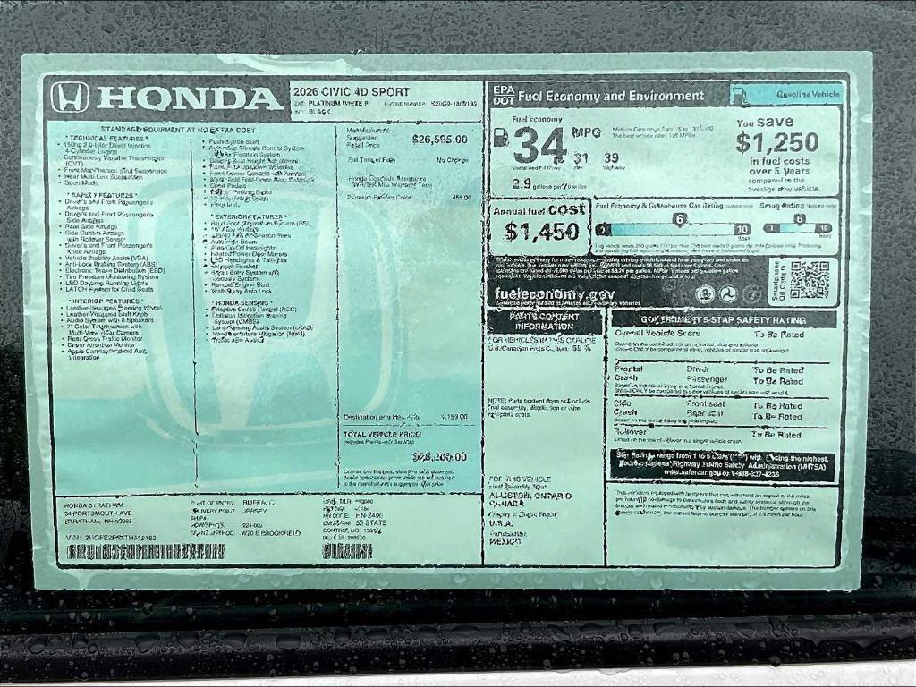 new 2026 Honda Civic car, priced at $28,200