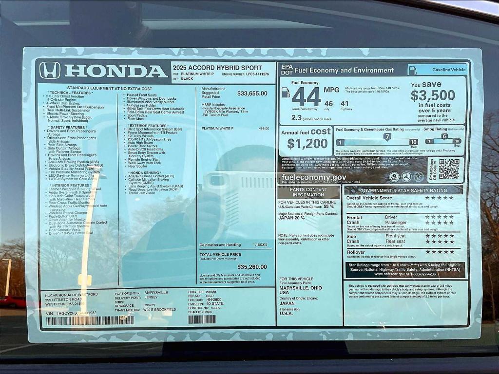 new 2025 Honda Accord Hybrid car, priced at $35,260