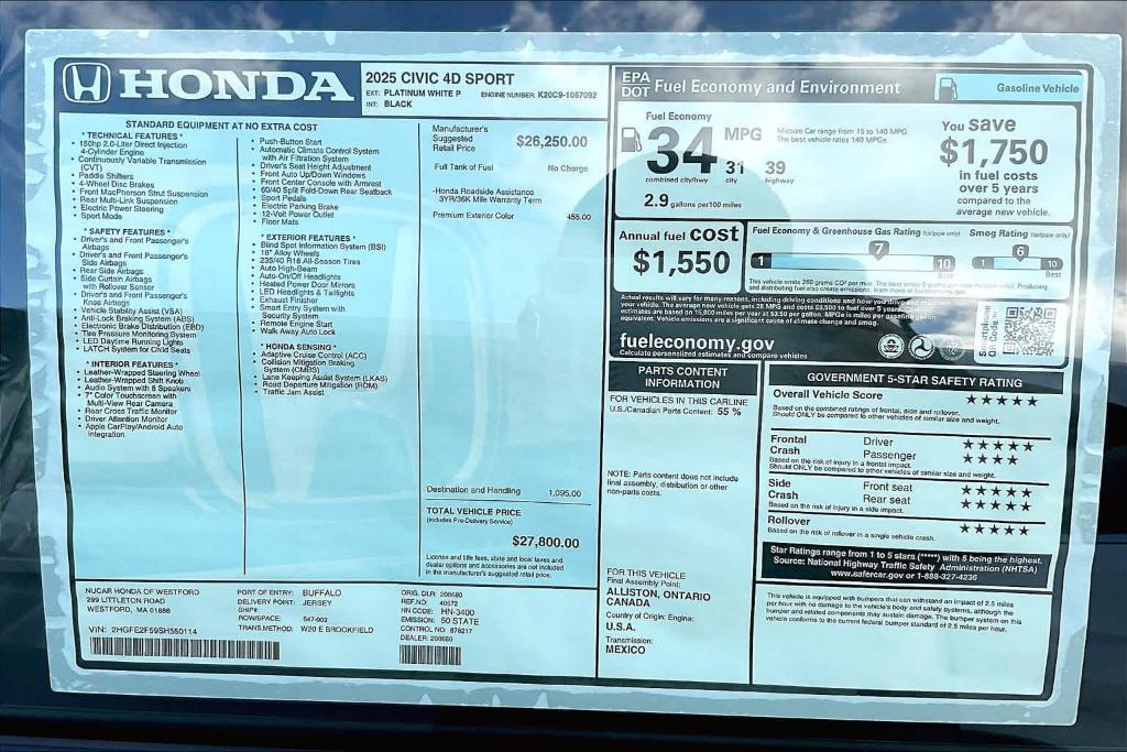 new 2025 Honda Civic car, priced at $27,800