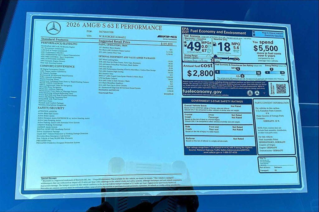 new 2026 Mercedes-Benz AMG S 63 E car, priced at $210,890