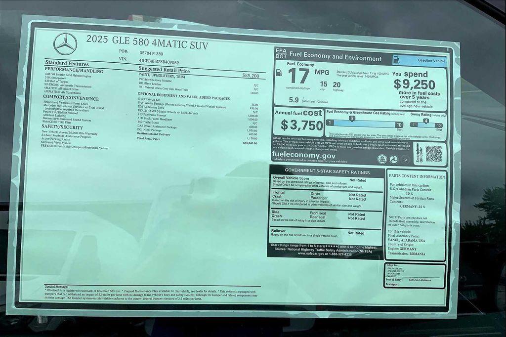 new 2025 Mercedes-Benz GLE 580 car, priced at $96,045