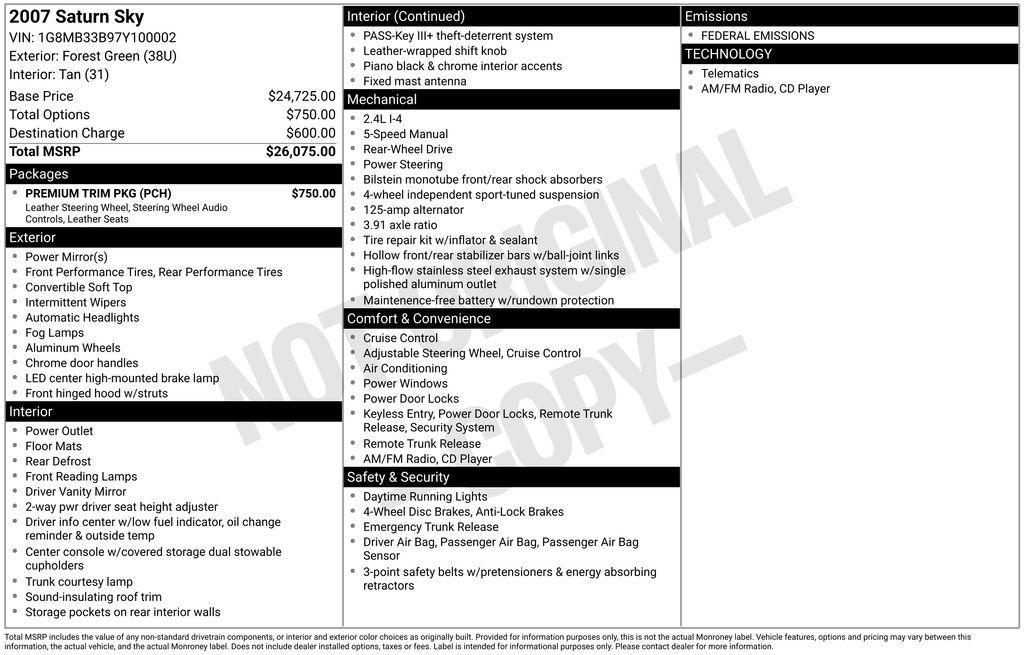 used 2007 Saturn Sky car, priced at $9,000