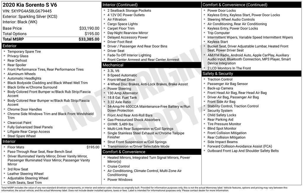 used 2020 Kia Sorento car, priced at $17,083