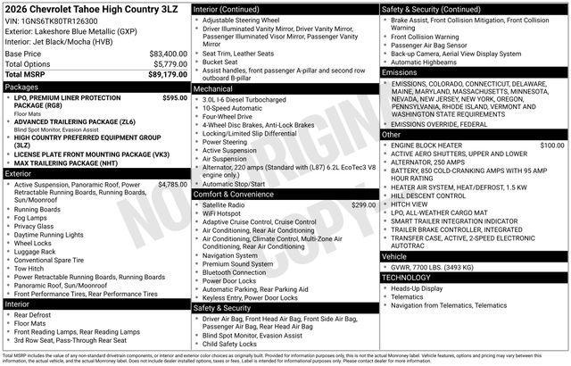 new 2026 Chevrolet Tahoe car, priced at $82,227