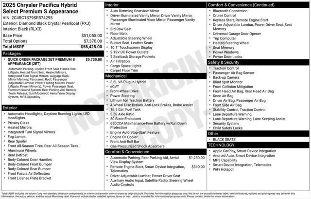 new 2025 Chrysler Pacifica Hybrid car, priced at $56,890