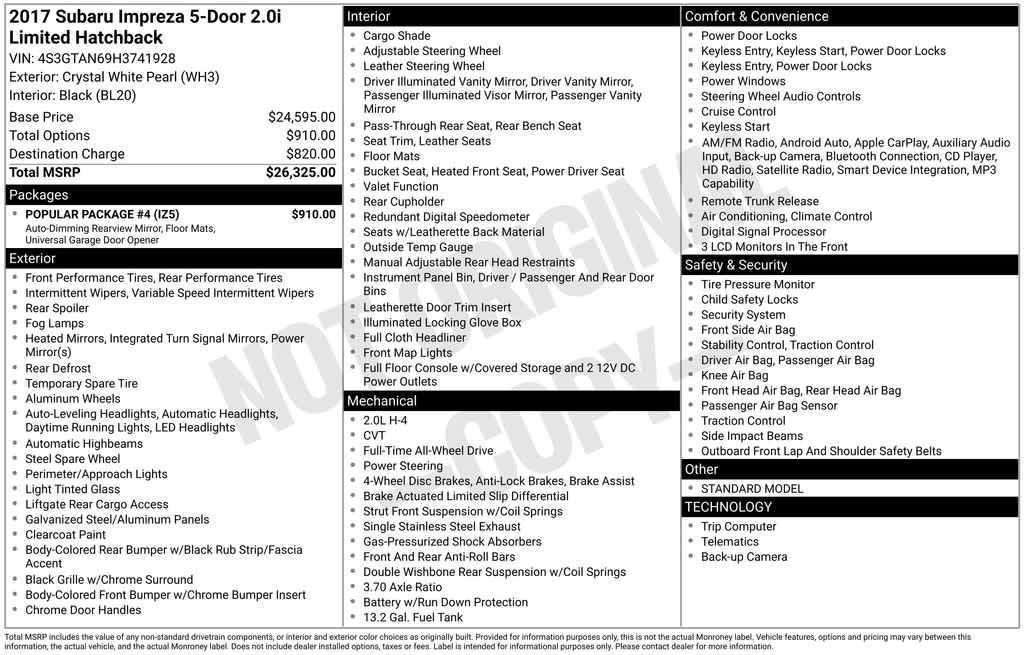 used 2017 Subaru Impreza car, priced at $16,455