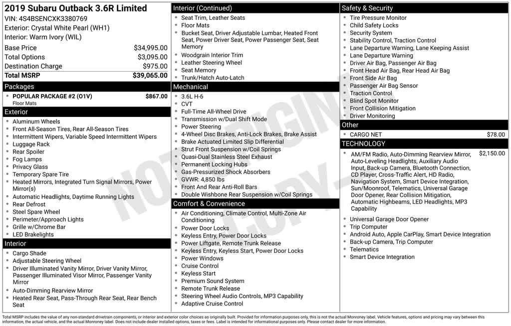 used 2019 Subaru Outback car, priced at $22,500