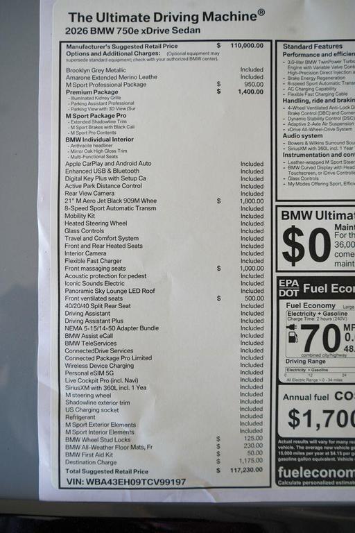 new 2026 BMW 750e car, priced at $117,230
