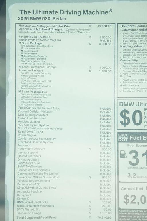 new 2026 BMW 530 car, priced at $70,840