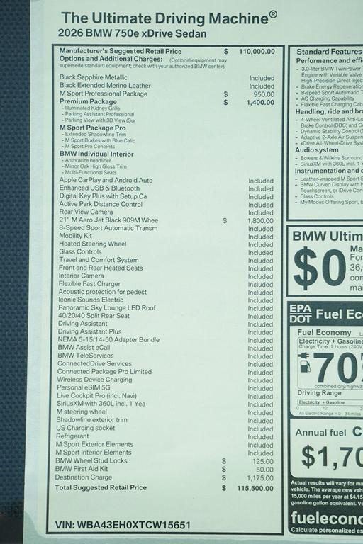 new 2026 BMW 750e car, priced at $115,500