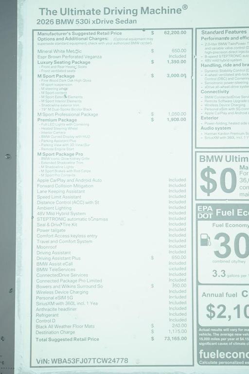 new 2026 BMW 530 car, priced at $73,165