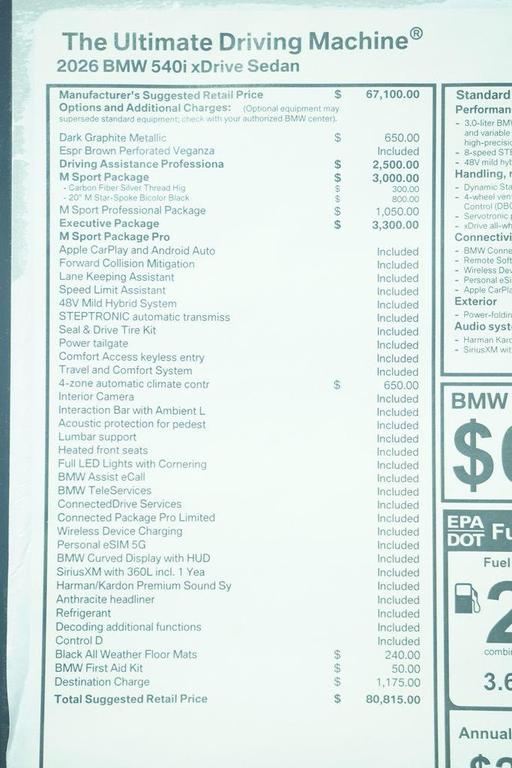 new 2026 BMW 540 car, priced at $80,815