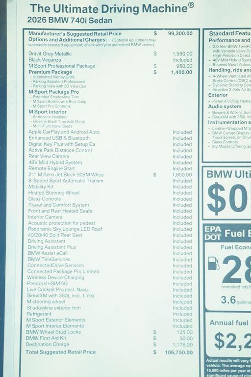 new 2026 BMW 740 car, priced at $106,750