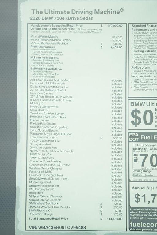 new 2026 BMW 750e car, priced at $114,430