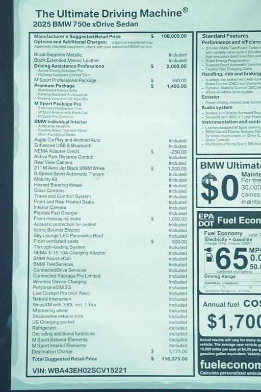 new 2025 BMW 750e car, priced at $116,075