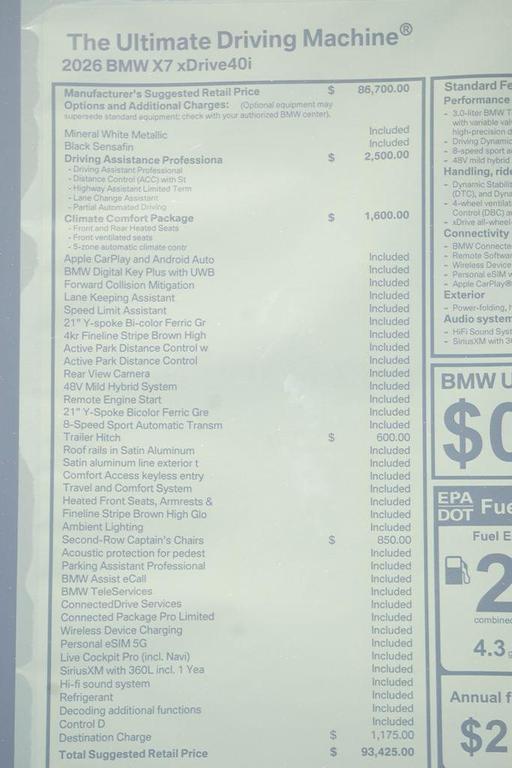 new 2026 BMW X7 car, priced at $93,425