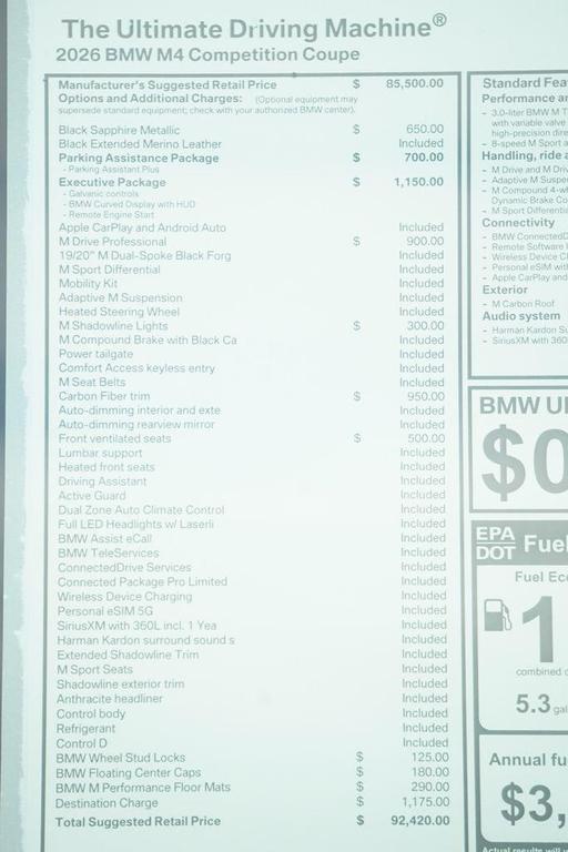 new 2026 BMW M4 car, priced at $92,420