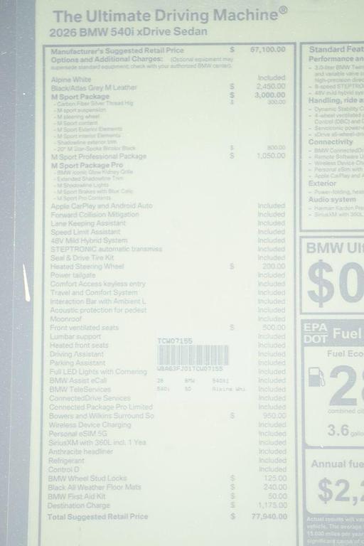 new 2026 BMW 540 car, priced at $77,940