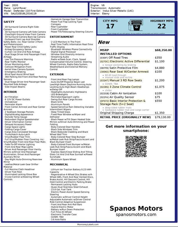 used 2020 Land Rover Defender car, priced at $39,950