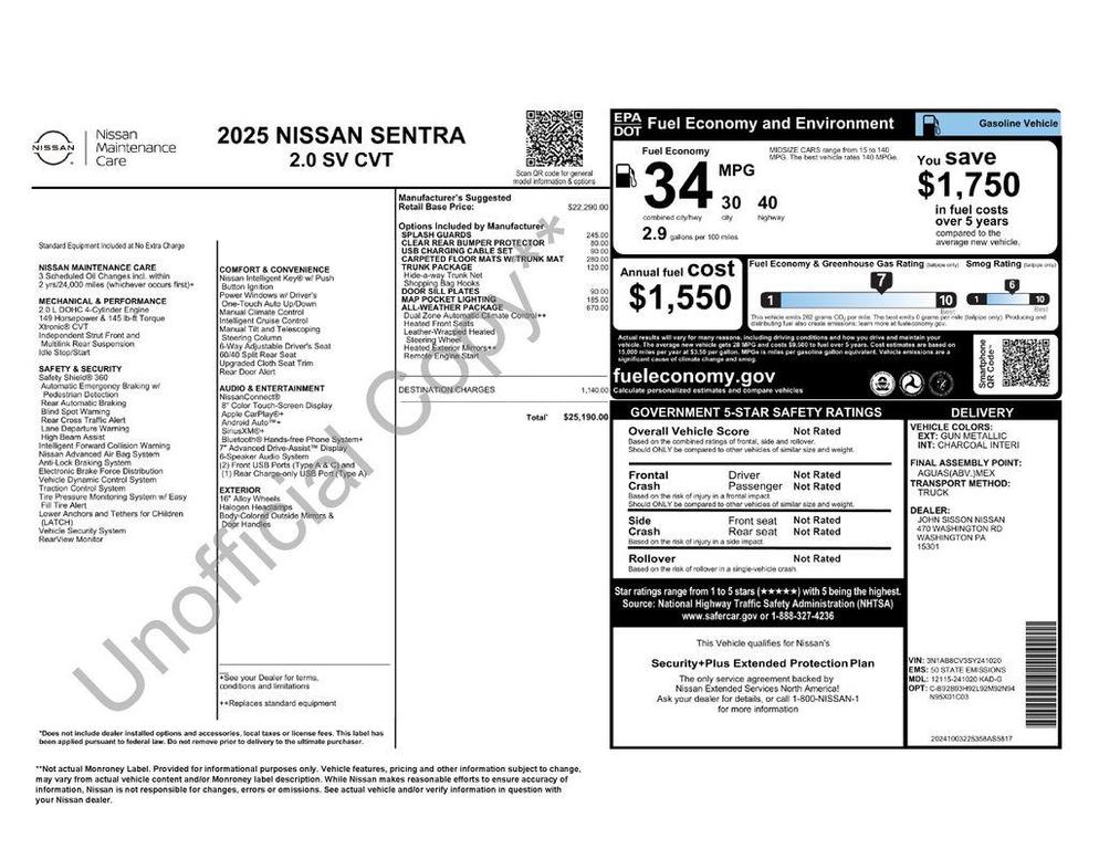 new 2025 Nissan Sentra car, priced at $23,742
