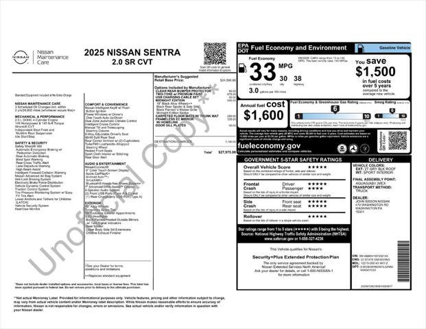 new 2025 Nissan Sentra car, priced at $27,975