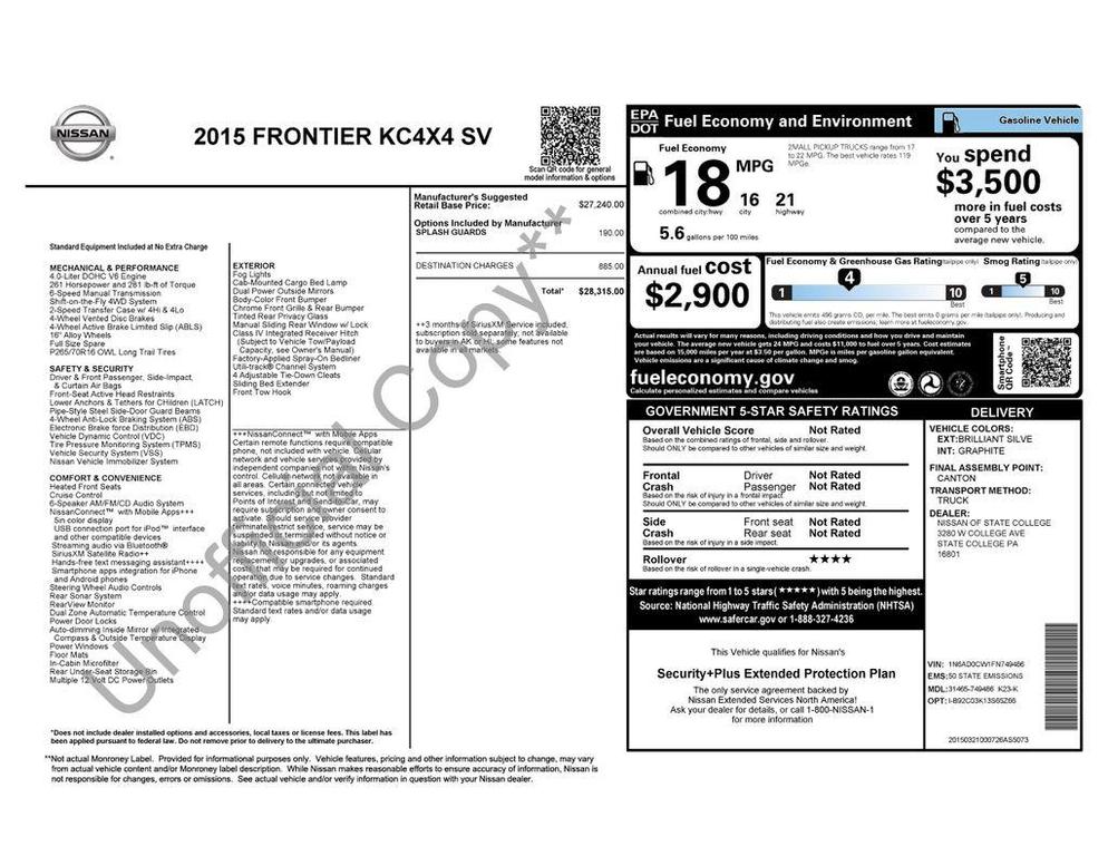 used 2015 Nissan Frontier car, priced at $17,495
