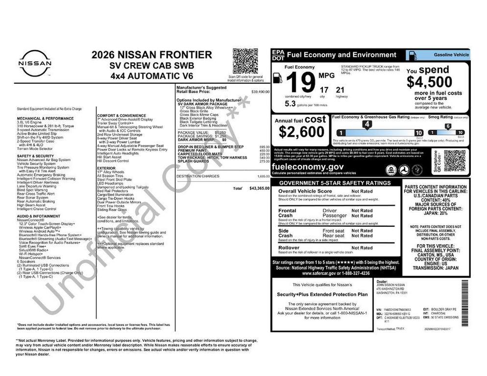 new 2026 Nissan Frontier car, priced at $42,365