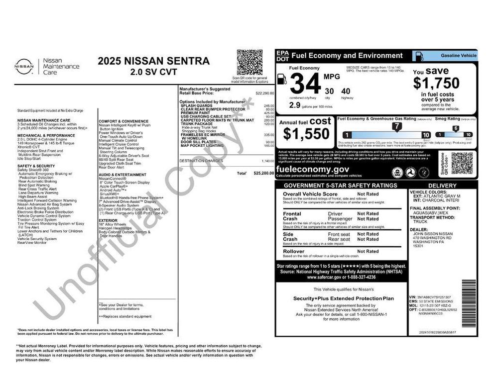 new 2025 Nissan Sentra car, priced at $23,812