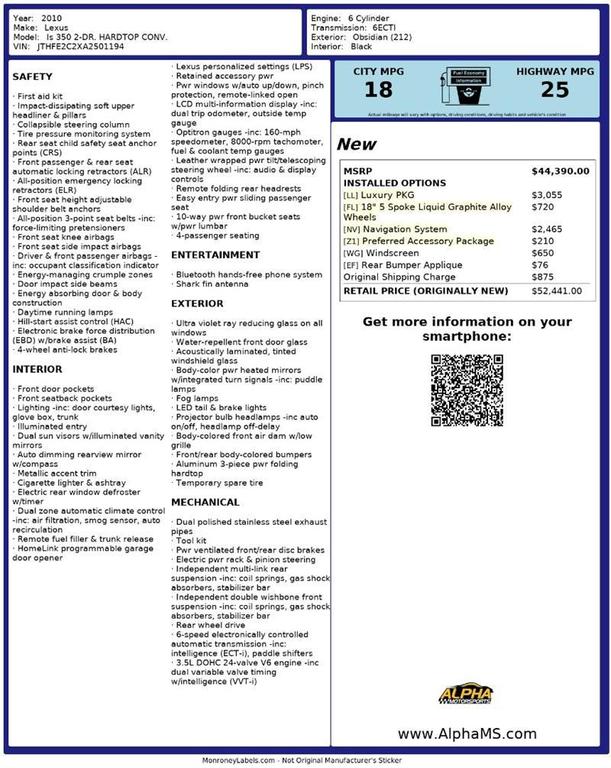 used 2010 Lexus IS 350C car, priced at $12,500