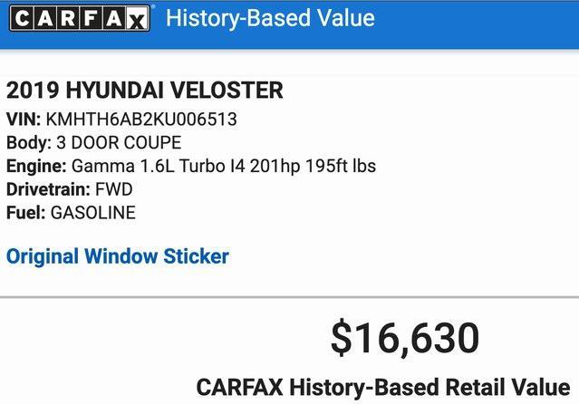 used 2019 Hyundai Veloster car, priced at $15,490