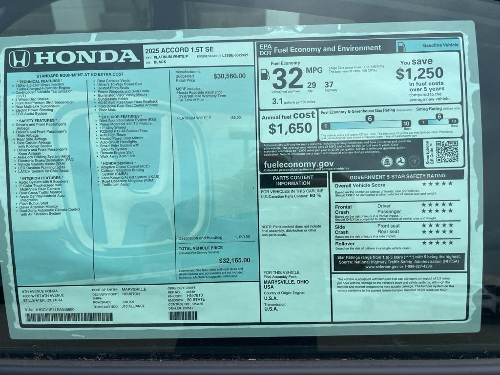 new 2025 Honda Accord car, priced at $30,906