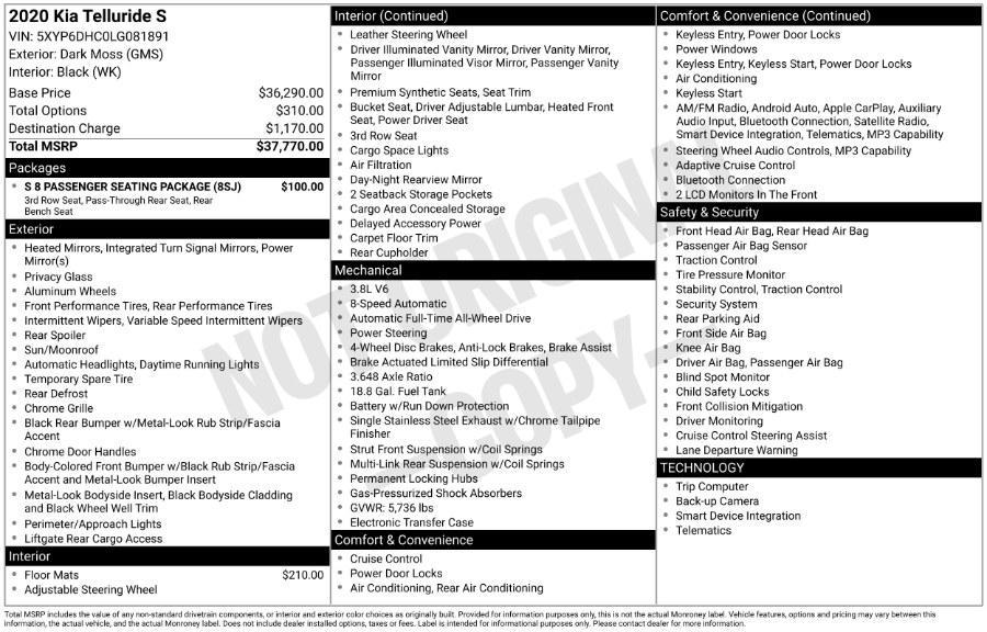 used 2020 Kia Telluride car, priced at $23,995