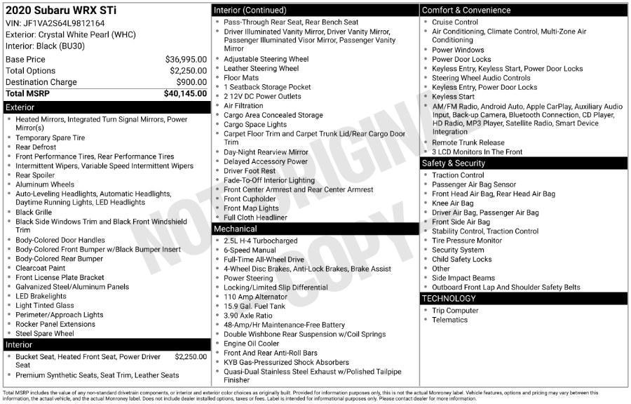 used 2020 Subaru WRX STI car, priced at $31,000