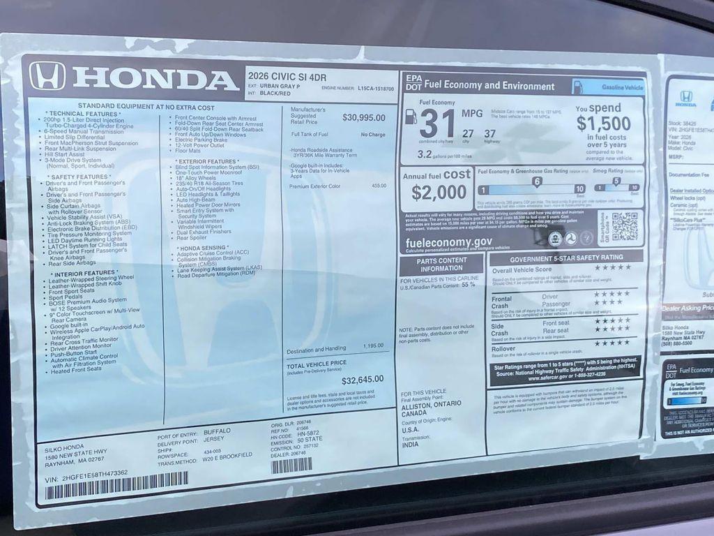 new 2026 Honda Civic Si car, priced at $32,645