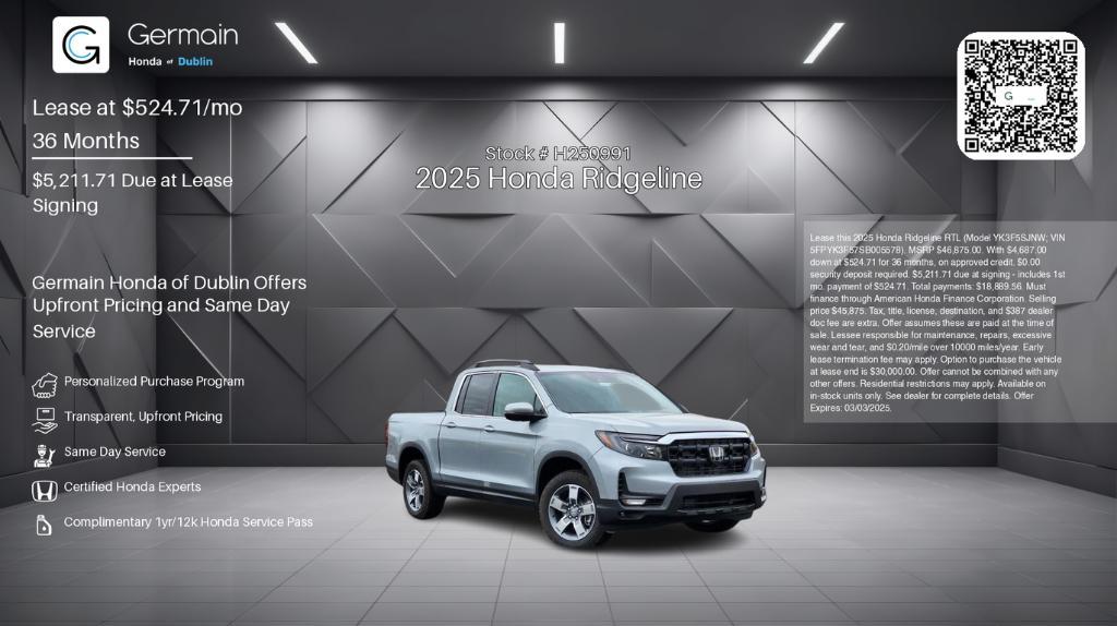 new 2025 Honda Ridgeline car, priced at $45,875