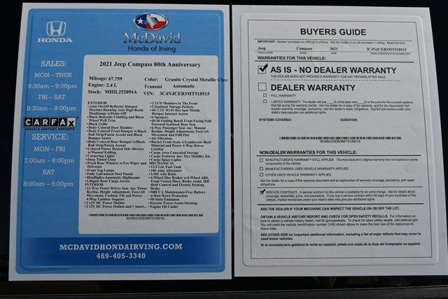 used 2021 Jeep Compass car, priced at $16,994