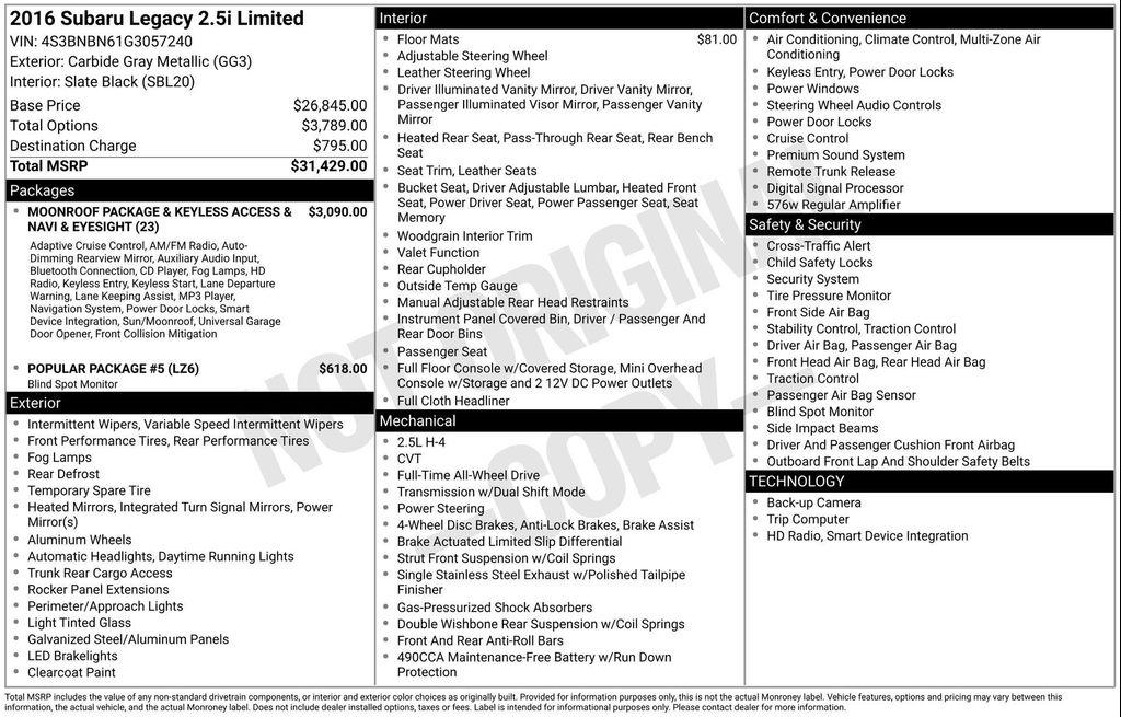 used 2016 Subaru Legacy car, priced at $11,976