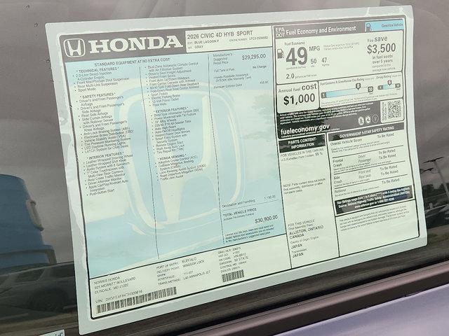 new 2026 Honda Civic Hybrid car, priced at $29,502