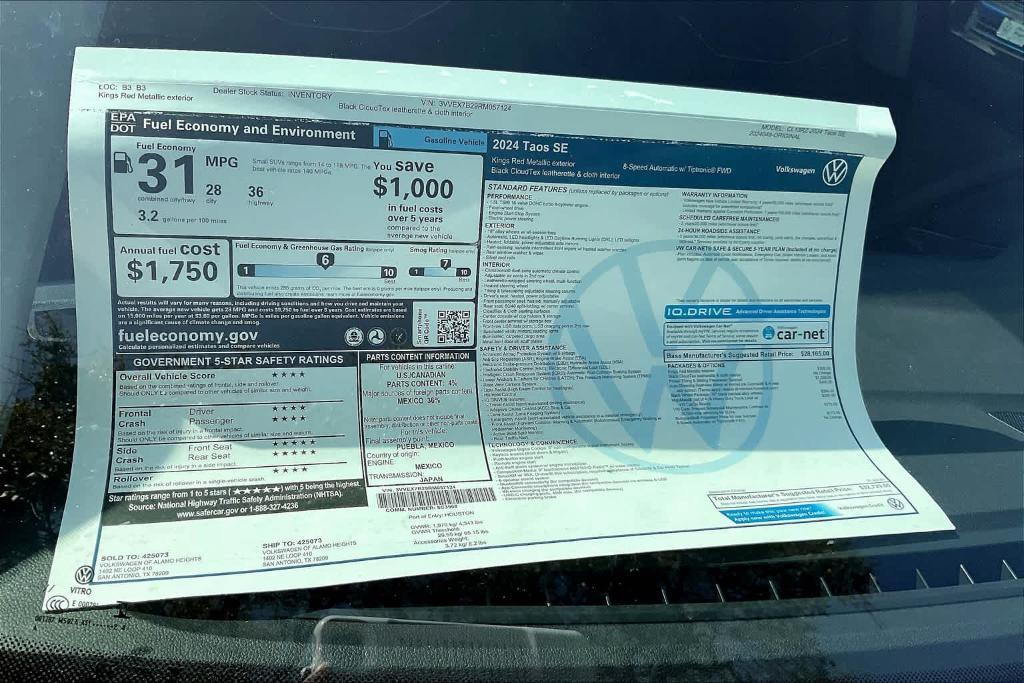 new 2024 Volkswagen Taos car, priced at $31,229