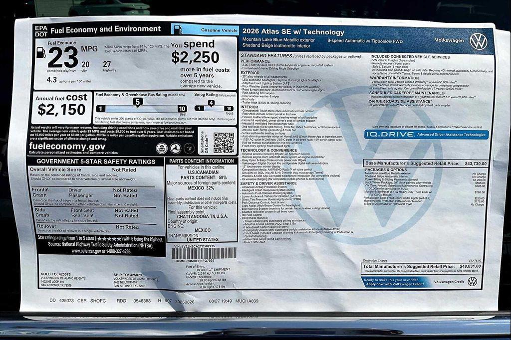 new 2026 Volkswagen Atlas car, priced at $46,436