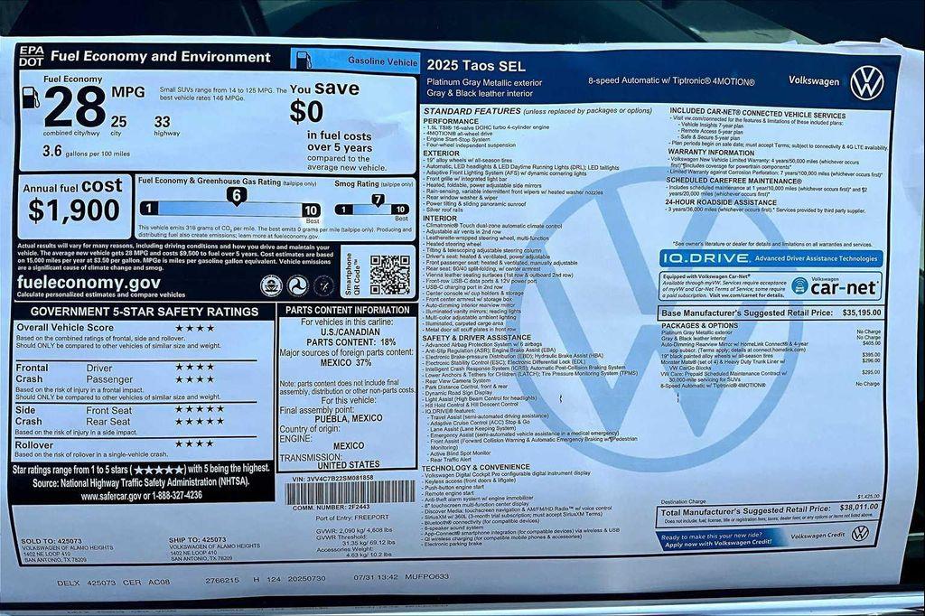 new 2025 Volkswagen Taos car, priced at $36,714